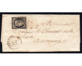 N° 3 20c NOIR s/JAUNE SEUL s/LAC du 20 AVRIL 1850 / OBLITÉRATION GRILLE + T15